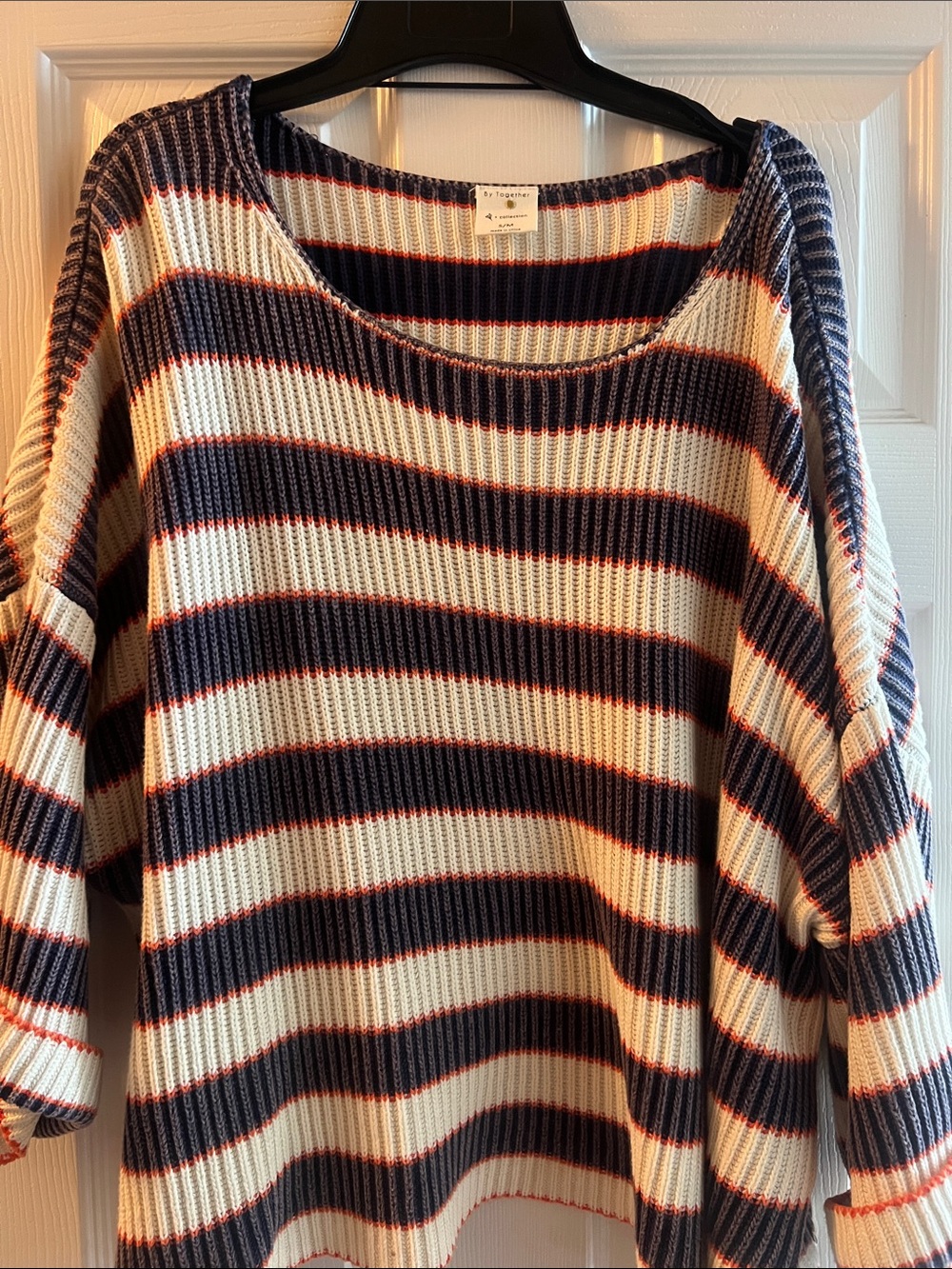 By Together Navy, Cream & Red-Trim Striped Scoop Neck Sweater